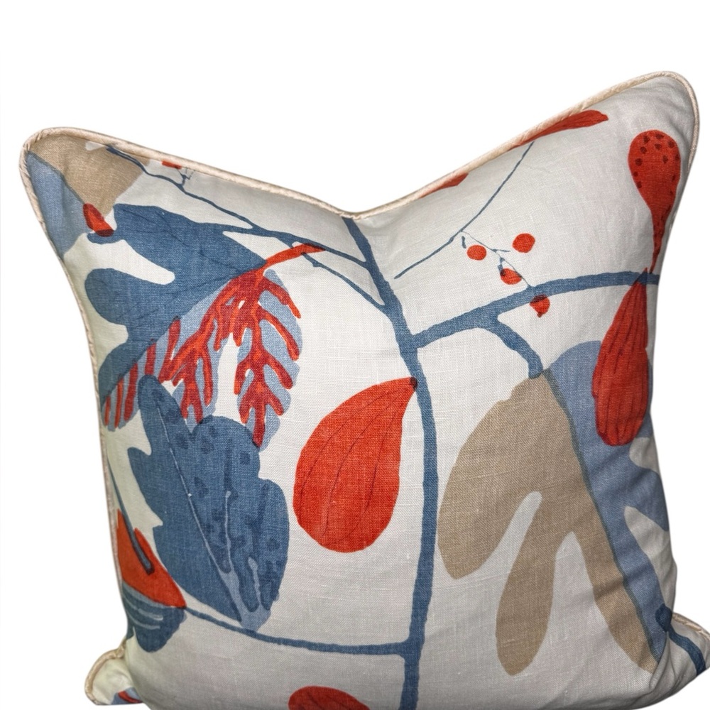 2 THIBAUT LEAF IN FRENCH BLUE AND CORAL WITH SILK CORDING DESIGNER PILLOWS
